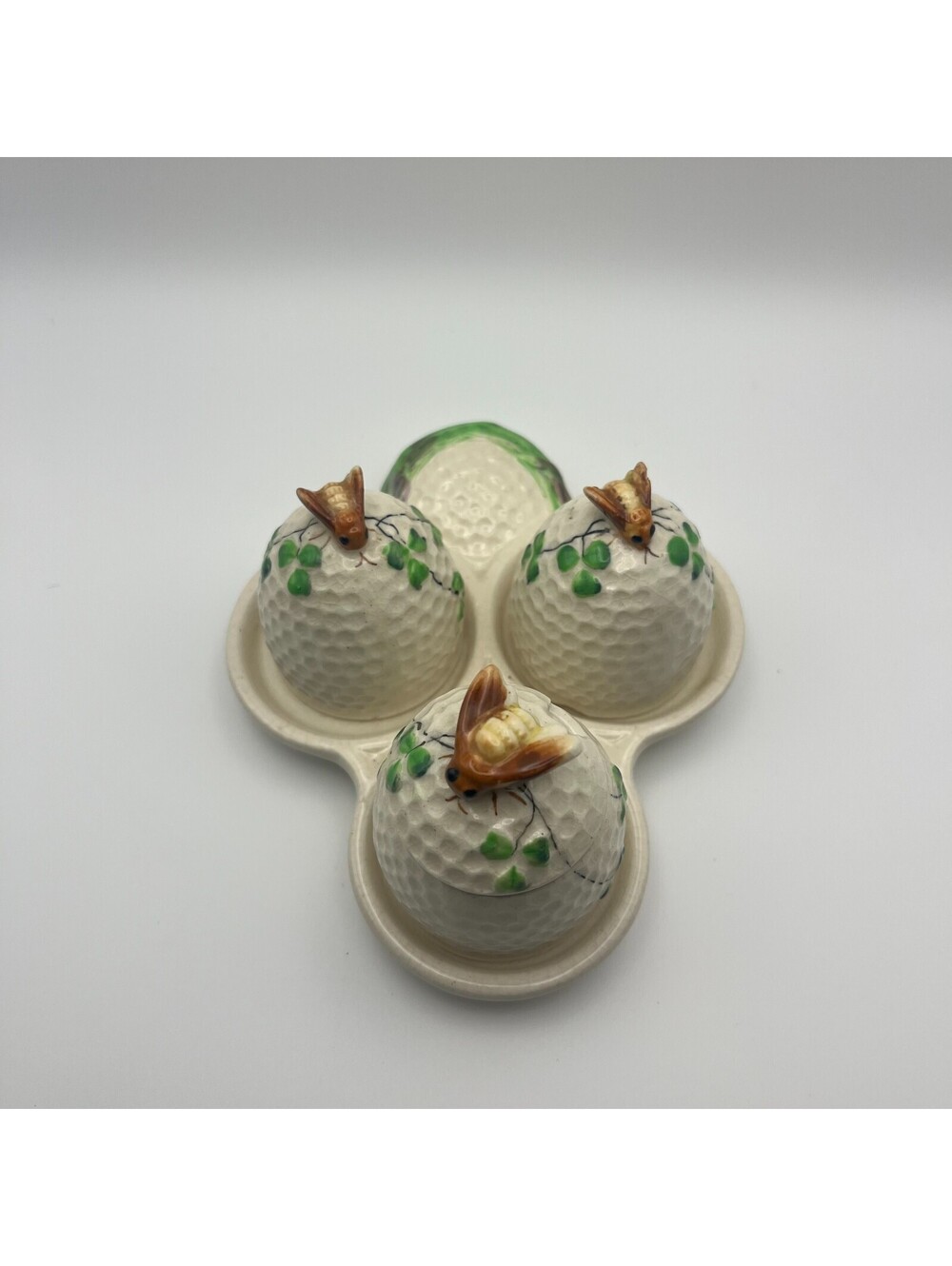 Vintage 1950s Japan Ceramic Bee Condiment Set Beehive Clover Salt Pepper Cottage